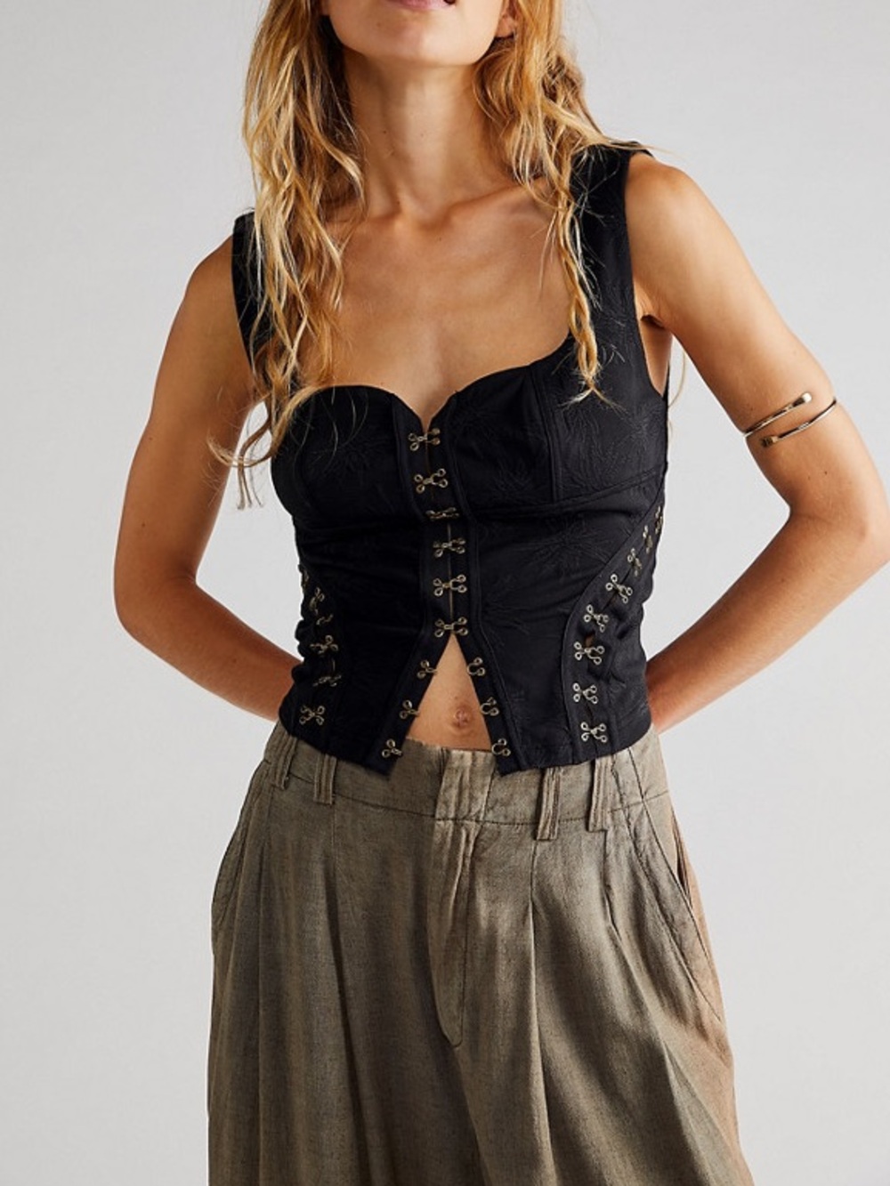 Free People Don't Look Back Corset Bustier Top Black Jacquard Hook Eye Crop S - Picture 2 of 8